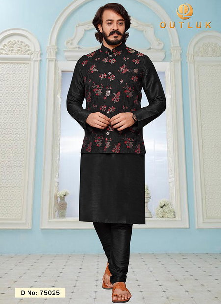 Balck Colour Outluk Vol 75 Latest Designer Festive Wear Kurta Pajama With Jacket Collection 75025